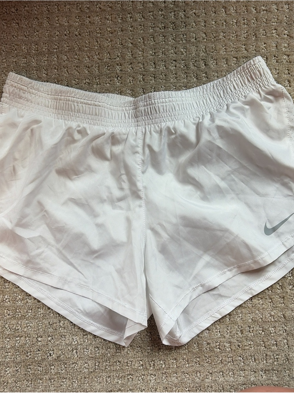 Nike Women's White Athletic Running Shorts with Silver Swoosh
